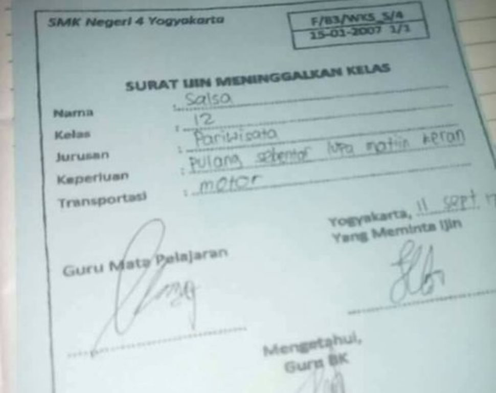 Surat Izin Siswa Ini Bikin Ngakak, Alasannya Sungguh Tidak Terduga