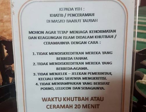 Foto Aturan untuk Penceramah di Masjid Bekasi Ini Viral