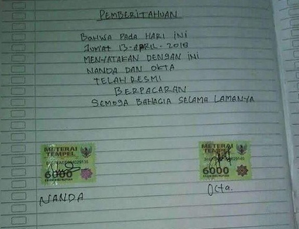 Nggak Main-Main, Bocah Ini Buat Surat Resmi Berpacaran Lengkap dengan Materai, Kalau Putus Dipenjara?