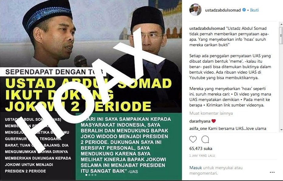 Viral Meme Ustaz Abdul Somad Dukung Jokowi 2 Periode, Ini Kata UAS