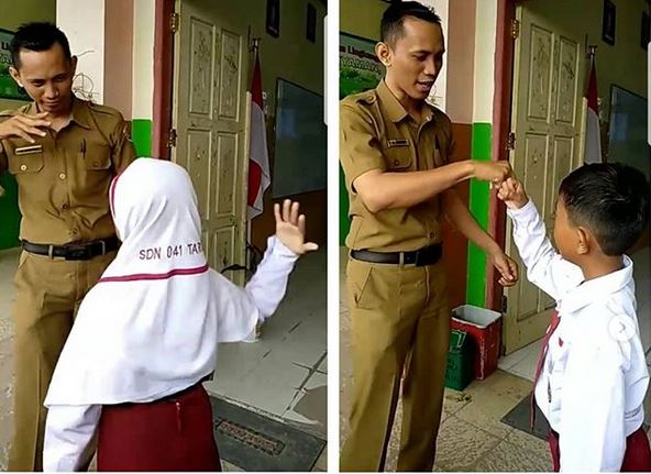 Salaman Unik ala Guru SD 041 Tarakan Mendadak Viral, Netizen: Bikin Adem Liatnya!