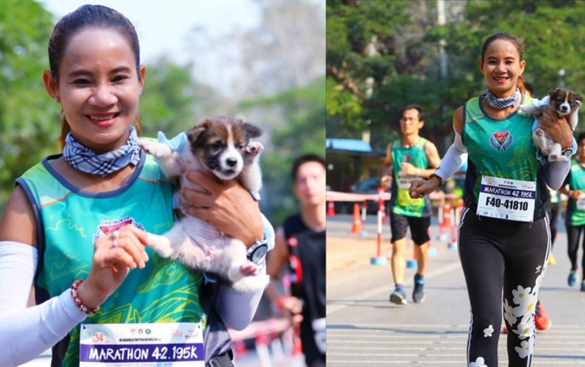 Lomba Lari Maraton sambil Bawa Anak Anjing yang Tersesat, Wanita ini Banjir Pujian