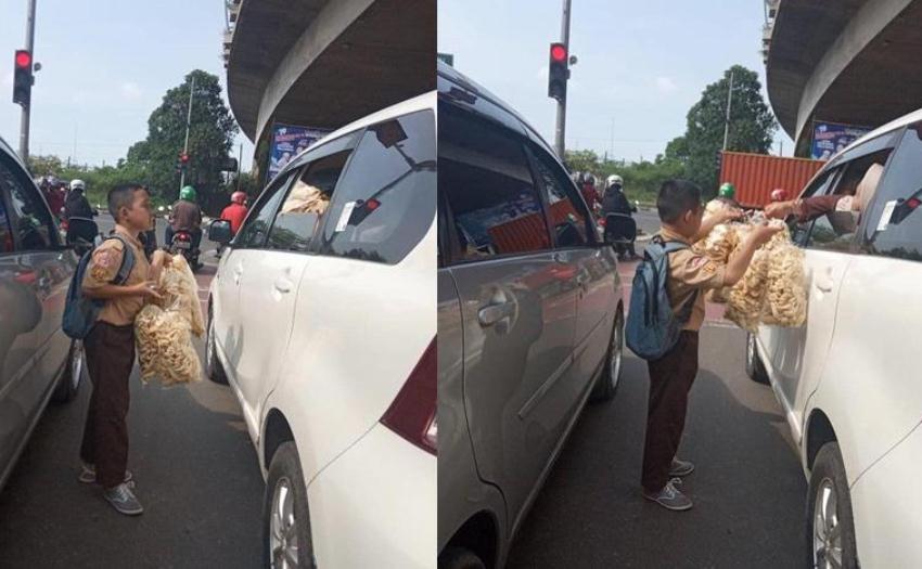 Masih Berseragam Sekolah Lengkap, Bocah SD Nyambi Jadi Pengasong ini Viral