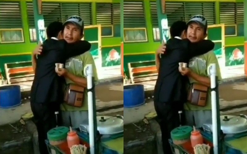 Bikin Baper, Viral Pria Peluk Ayah saat Jualan Somay Usai Lulus Ujian