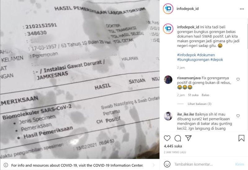 Viral, Pembungkus Gorengan Pakai Kertas Bekas Hasil Swab Positif Covid-19